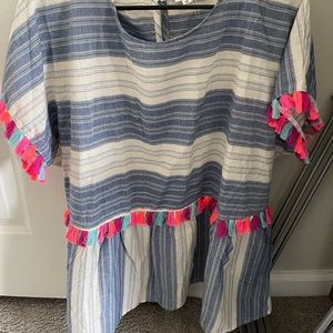 Striped blue and white top with pink Pom Poms